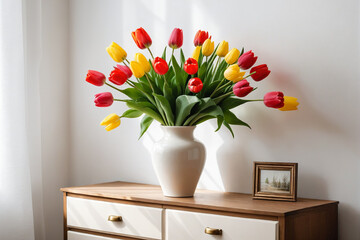 Vase with beautiful tulips flowers on chest of drawers near white wall