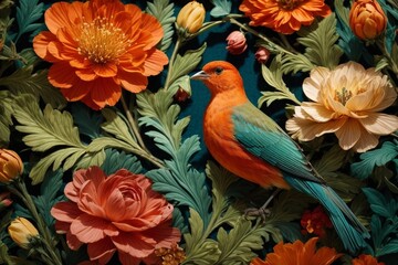 Naklejka premium A Blooming Affair Generative AI's Colorful Botanical Symphony with Birds and Roses
