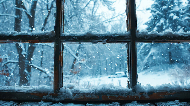 Table background of free space and winter window background High quality photo