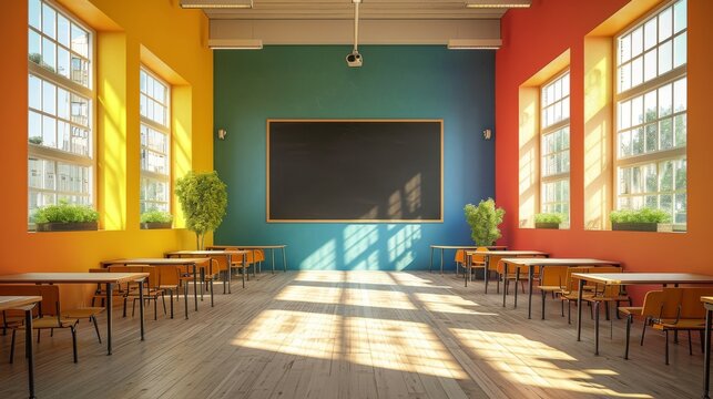 Bright classroom with empty blackboard, desks and chairs in a lecture hall