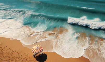 Fototapeta premium Top view of the beach with umbrella and the sea generated AI