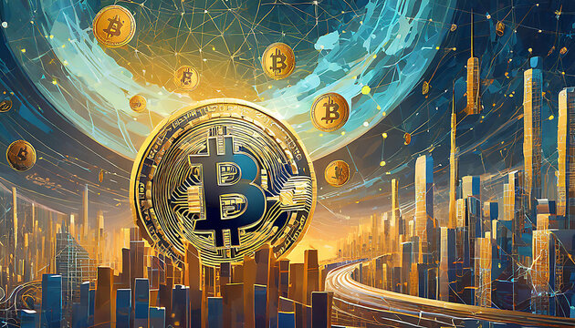 Abstract cryptocurrency trading background with a symbol of bitcoin. Generative AI.