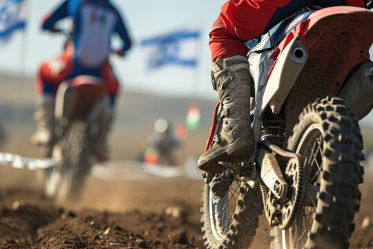 Closeup on Legs, Faceless Riders in Action. Motocross Fair in the Outskirts with a Hovercraft View, Showcasing Motor Sport Action and Israeli Flags in the Background.