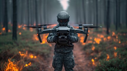 Focused Soldier Operating FPV Drone Tactical Coordination in Modern Military Operations - obrazy, fototapety, plakaty