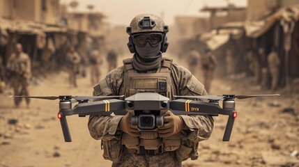 Focused Soldier Operating FPV Drone Tactical Coordination in Modern Military Operations