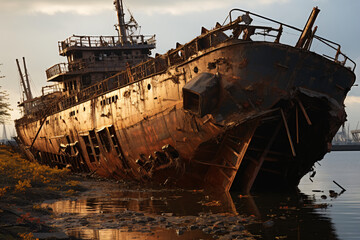The cargo ship wreck is rusting