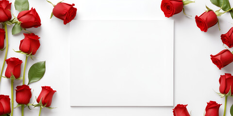 Photo overhead of roses hearts and confetti isolated on the white background ,List on a white wooden background