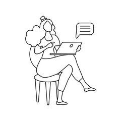 Online learning. Silhouette of a girl. A woman sits on a chair and works at a laptop. Vector linear illustration.