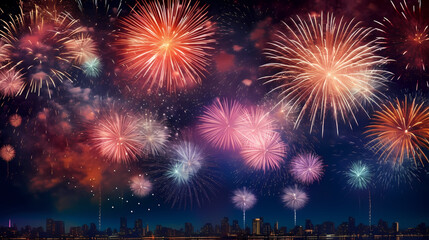 Fototapeta premium Happy New Year, burning fireworks with bokeh light background