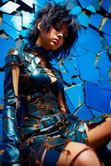 Model showing solarpunk style on blue abstract background. HDR and slow motion technology used to capture the image. Includes cracks in the background for added visual interest.