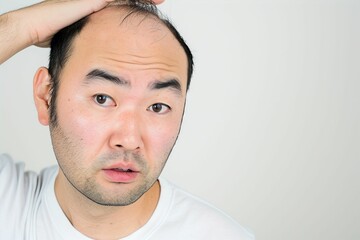 生え際の薄毛に悩む男性（AGA・男性型脱毛症・若ハゲ・M字ハゲ・はげ・育毛剤）