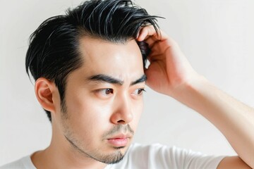 Fototapeta premium 生え際の薄毛に悩む男性（AGA・男性型脱毛症・若ハゲ・M字ハゲ・はげ・育毛剤）