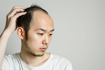 Obraz premium 生え際の薄毛に悩む男性（AGA・男性型脱毛症・若ハゲ・M字ハゲ・はげ・育毛剤）