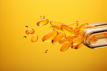 Fish oil capsules falling into bottle on yellow background, nutrition health supplement concept