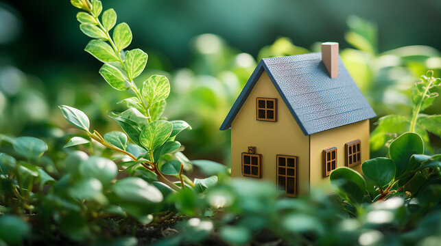 Charming Small Toy House Amid Lush Plants, Ideal Symbol of Private Country Living, Real Estate Concept with Isolated Background and Copy-Space for Promotional Content.