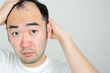 Obraz premium 生え際の薄毛に悩む男性（AGA・男性型脱毛症・若ハゲ・M字ハゲ・はげ・育毛剤）