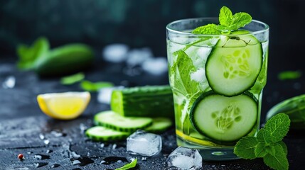 A glass of water with cucumber slices, lemon slices, and mint leaves, Ai Generated - obrazy, fototapety, plakaty