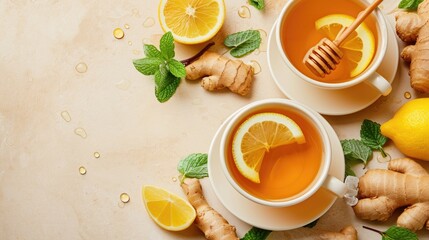 Two cups of tea with lemon, ginger, and honey, Ai Generated