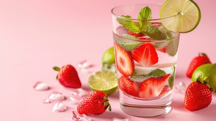 A glass of water with strawberries and ice cubes on a table, Ai Generated