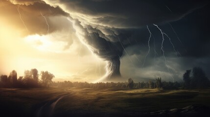 A tornado in a stormy landscape embodies the stark reality of climate change and natural disasters, Ai Generated. - obrazy, fototapety, plakaty