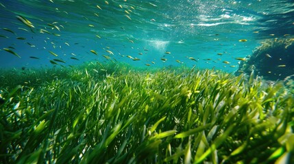 Fototapeta na wymiar An underwater view reveals a seabed group flourishing with green seagrass, Ai Generated.