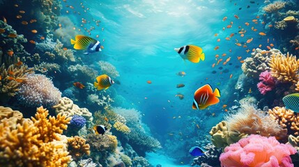 Naklejka na ściany i meble An underwater scene with a coral reef and exotic fishes showcases marine splendor, Ai Generated.