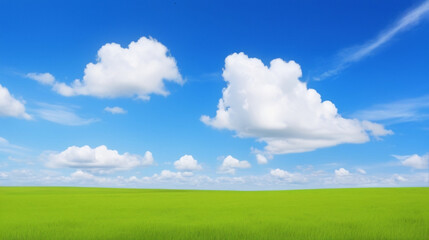 Fototapeta na wymiar Beautiful grassy fields and summer blue sky with fluffy white clouds in the wind. Wide format Generated AI
