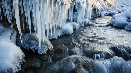 A frosty scene of icicles forming along the edge of a stream, with the water flowing steadily beneath a layer of ice. icicles on the edge of the river