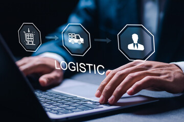 Logistic and transport concept, Businessman use laptop with virtual product transportation process...