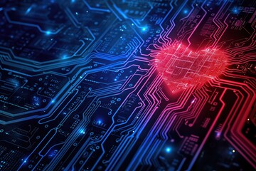 A heart on a circuit board illustrates high-tech love, Ai Generated