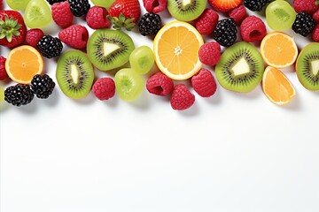 Fototapeta na wymiar Nourishing multifruit summer background. top view of colorful fruits for healthy eating and wellness