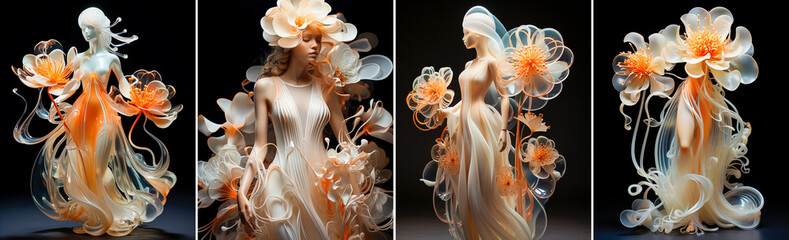 Sculptures made of liquid glass with a white orchid outfit. Light white and orange colors create...