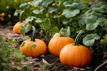 Pumpkins growing in garden. Ripe orange agriculture vegetables harvest. Generate ai