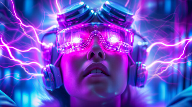 A woman wears futuristic brainwashing device that envelopes her head in crackling electricity and lighting in a neon blue and purple glow.