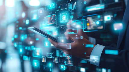 A person interacts with a futuristic augmented reality interface using a smartphone, showcasing advanced technology and connectivity.