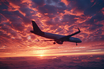Fototapeta premium an airplane flying through the air at sunset