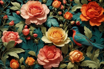 Fototapeta premium Colorful Garden Reverie Generative AI's Bird and Rose Harmony Unveiled