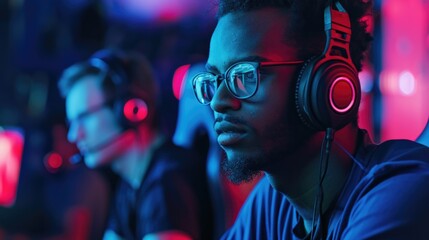 Young Man Playing Multiplayer Games on Desktop Pc in Stylish Neon Cyber Games Arena