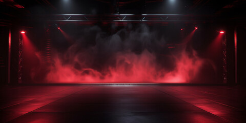 spotlight,,,An empty room illuminated by red and white spotlights. Concrete floor, stage red smoke and spotlights