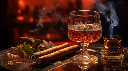 Cigar and Glass in the Jazz Club Atmosphere. Banner with place for text