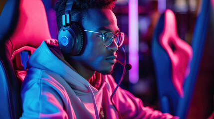 Young Man Playing Multiplayer Games on Desktop Pc in Stylish Neon Cyber Games Arena