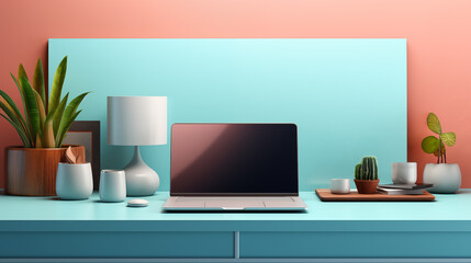 Obraz premium Clean Workspace with a Modern Laptop and Stylized Gadgets