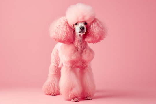 groomed and pink dyed poodle dog isolated on plain pink studio background