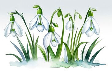 watercolor illustration first spring snowdrops flowers sticking out from the snow.