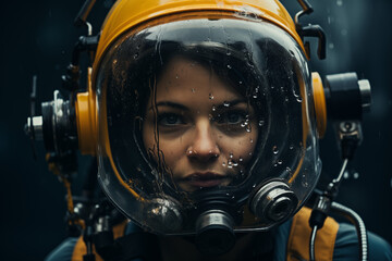 Fototapeta premium Female Deep-Sea Diver on an Ocean Background