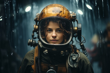 Fototapeta premium Female Deep-Sea Diver on an Ocean Background