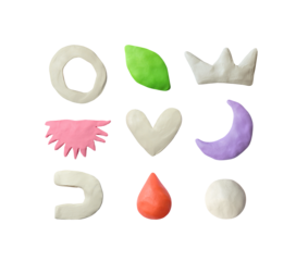 Isolated elements. Handmade crown, drop, moon, heart, arc, circle, leaf, ring. Modeling clay.
