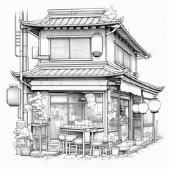 Coloring book of vintage ramen shop in Japan.