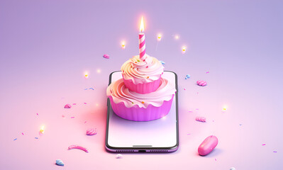 A stunning image capturing a beautifully decorated pink birthday cake adorned with lit candles, set against a soft, monochromatic background. Perfect for invitations, greetings, or celebration-themed 