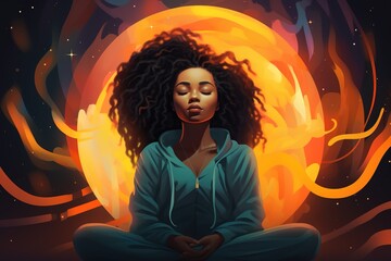 ethereal woman in a blissful state against a dynamic backdrop of swirling colors, embodying artistic expression and emotional release, girl in profound meditation, illustration.
